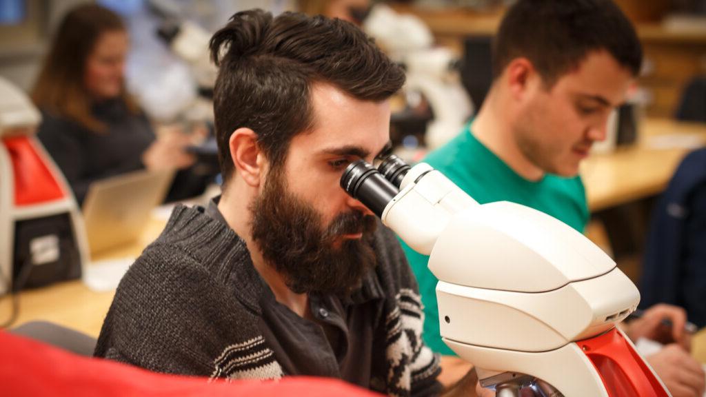 Student looking at something through a microscope